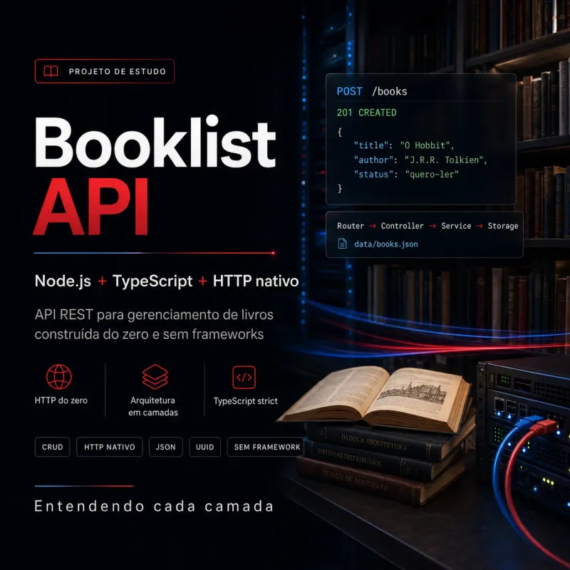 Mockup do projeto Booklist API, com requisição POST em JSON e fluxo Router, Controller, Service e Storage
