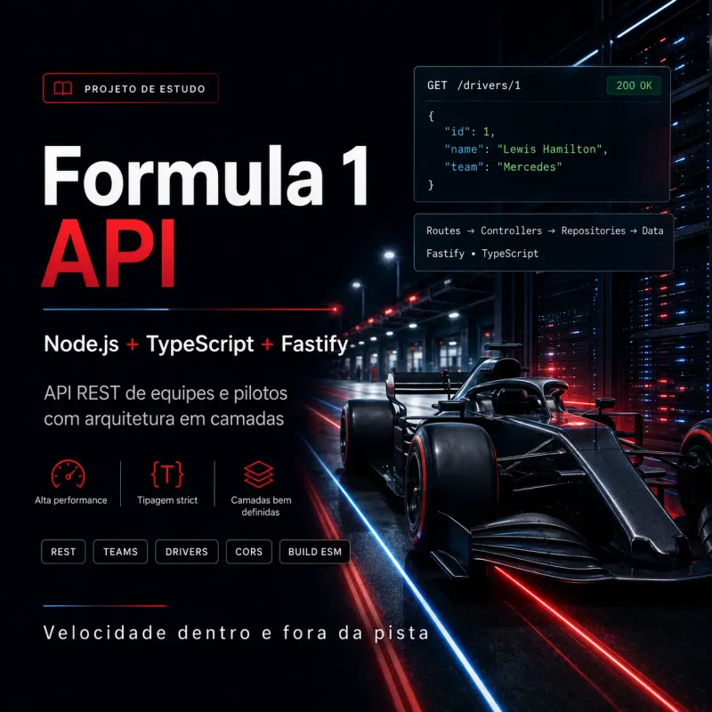 Mockup do projeto Formula 1 API, com resposta JSON de piloto sobre imagem de carro de Fórmula 1