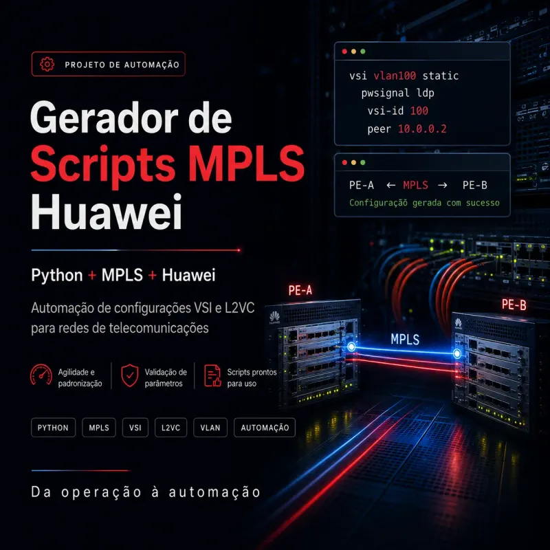 Mockup do Gerador de Scripts MPLS Huawei, com terminal exibindo configuração VSI e roteadores Huawei conectados via MPLS